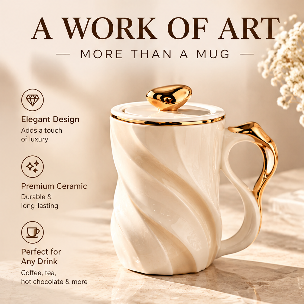 Elegant Sculpted Ceramic Coffee Mug with Lid