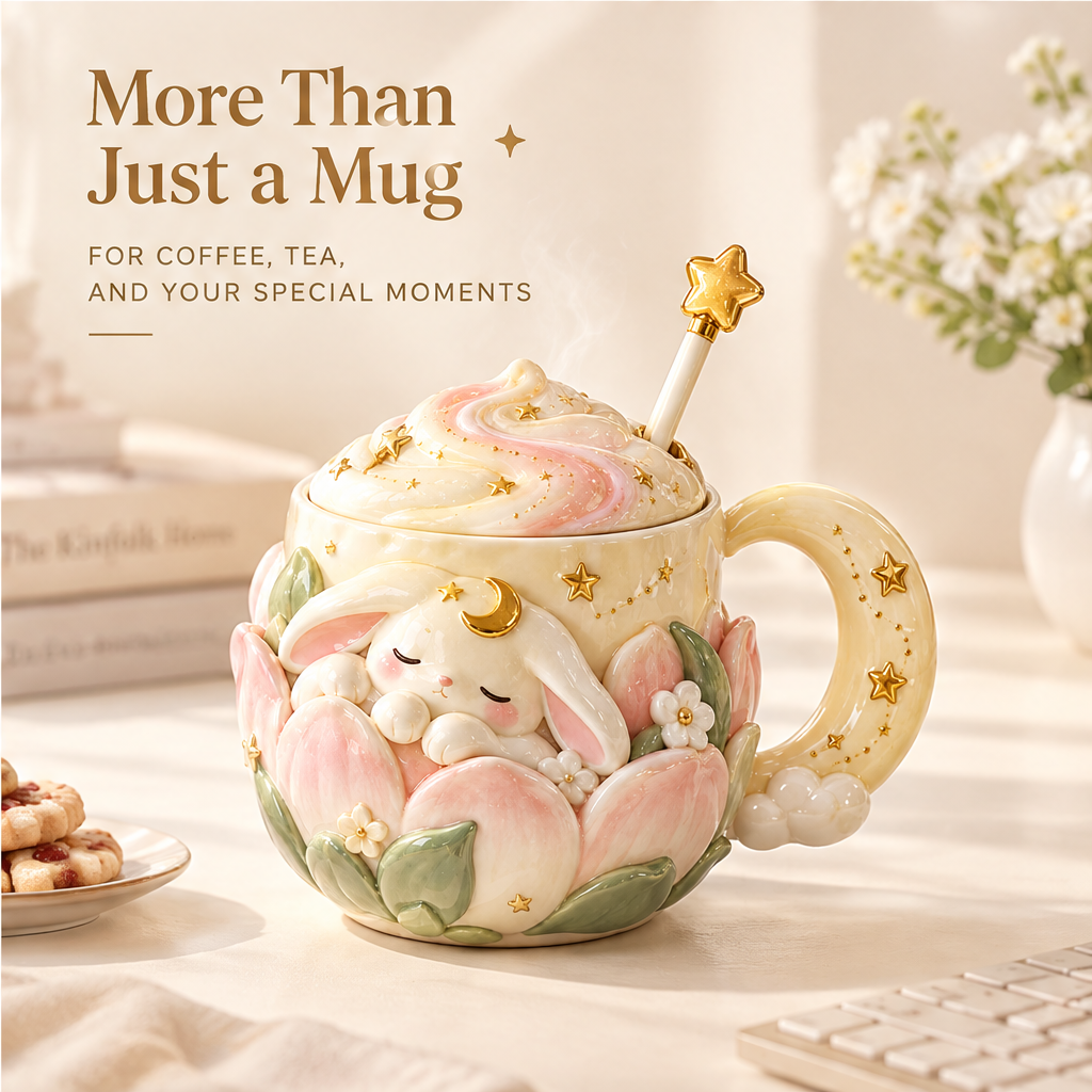 Dreamy Moon Bunny Ceramic Mug with Lid & Star Spoon