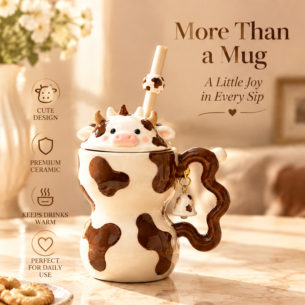 Cute Cow Ceramic Mug with Lid & Straw