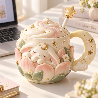 Dreamy Moon Bunny Ceramic Mug with Lid & Star Spoon
