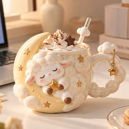 Dreamy Moon Lamb Ceramic Mug with Straw