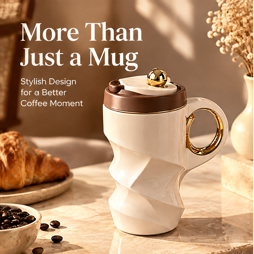 Sculptural Twist Ceramic Coffee Mug with Lid