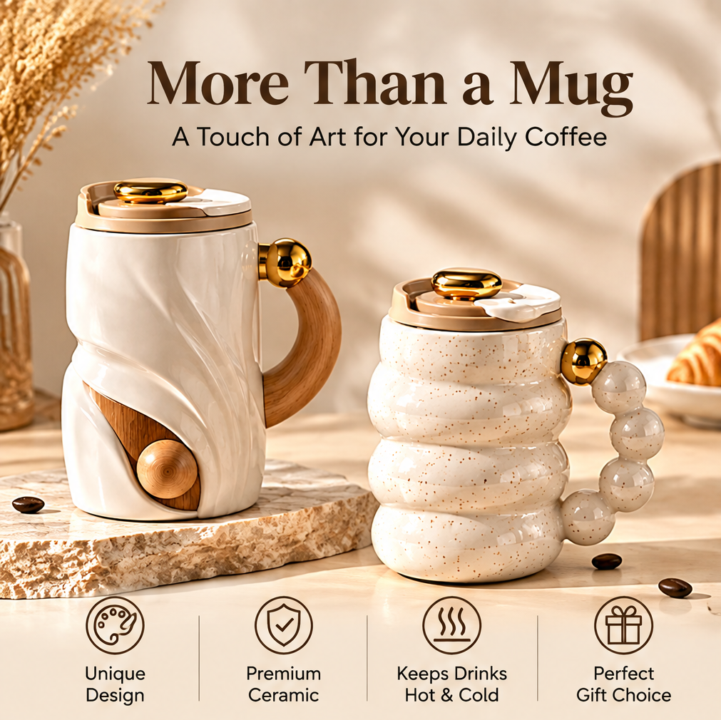 Sculptural Twist Ceramic Coffee Mug with Lid