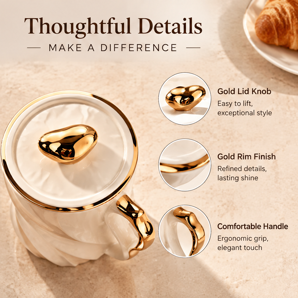 Elegant Sculpted Ceramic Coffee Mug with Lid