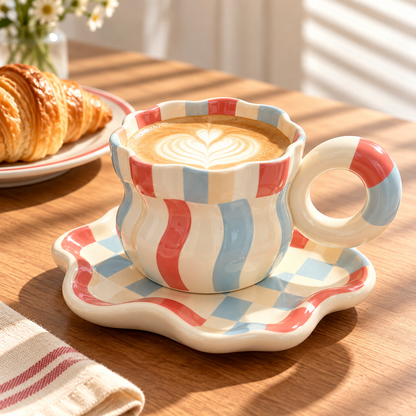 Retro Wavy Checkered Ceramic Coffee Cup & Saucer