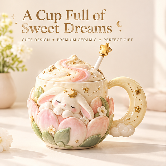 Dreamy Moon Bunny Ceramic Mug with Lid & Star Spoon