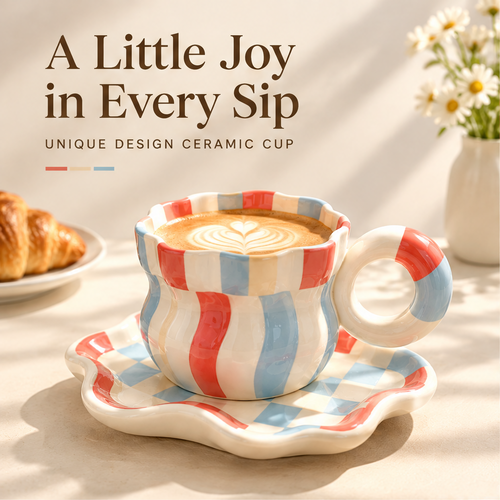 Retro Wavy Checkered Ceramic Coffee Cup & Saucer