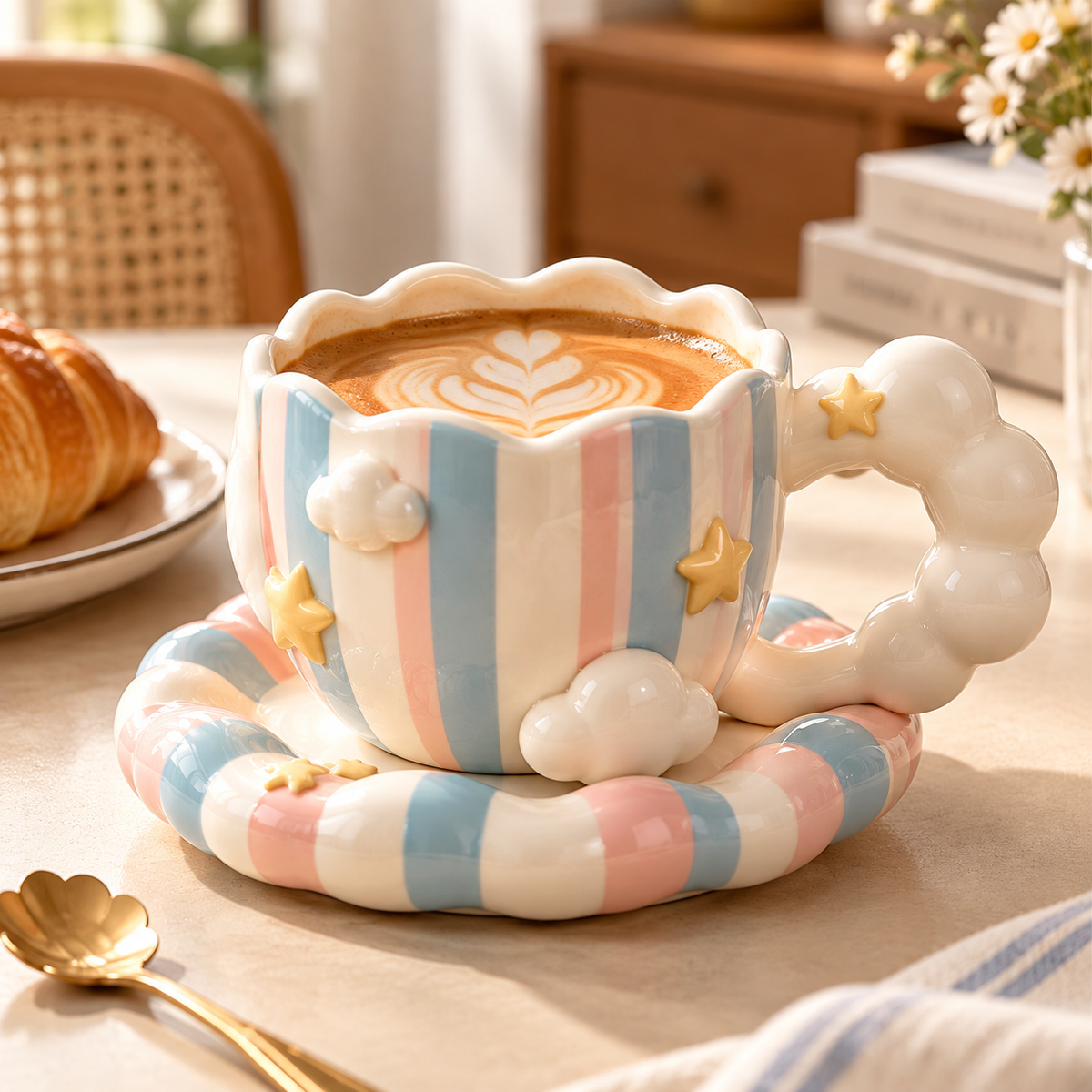 Pastel Cloud & Star Ceramic Coffee Cup with Saucer