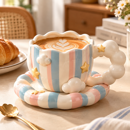 Pastel Cloud & Star Ceramic Coffee Cup with Saucer