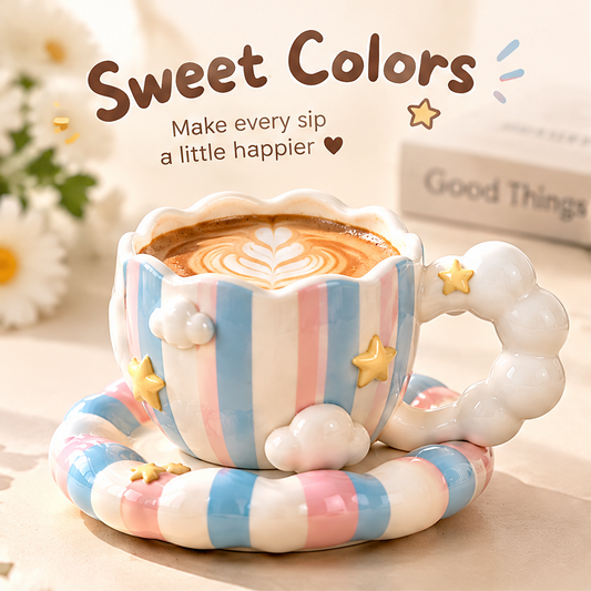 Pastel Cloud & Star Ceramic Coffee Cup with Saucer