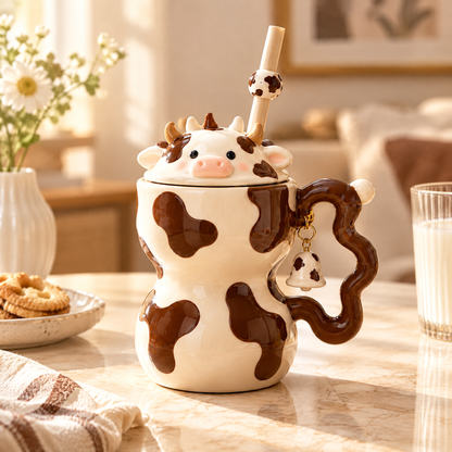 Cute Cow Ceramic Mug with Lid & Straw