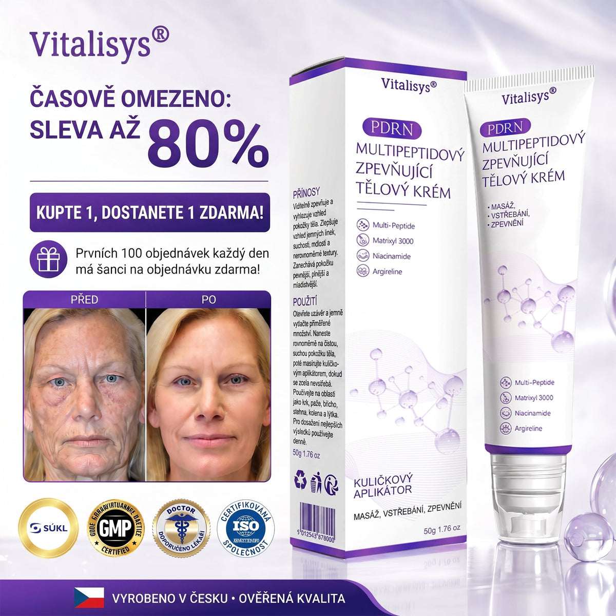 Vitalisys®🍃PDRN Multi-Peptide Masážní tělový krém s válečkem — proti stárnutí, hydratuje, zpevňuje a liftinguje pokožku, podporuje regeneraci, sjednocuje tón pleti a pečuje o nedokonalosti a tmavé skvrny.