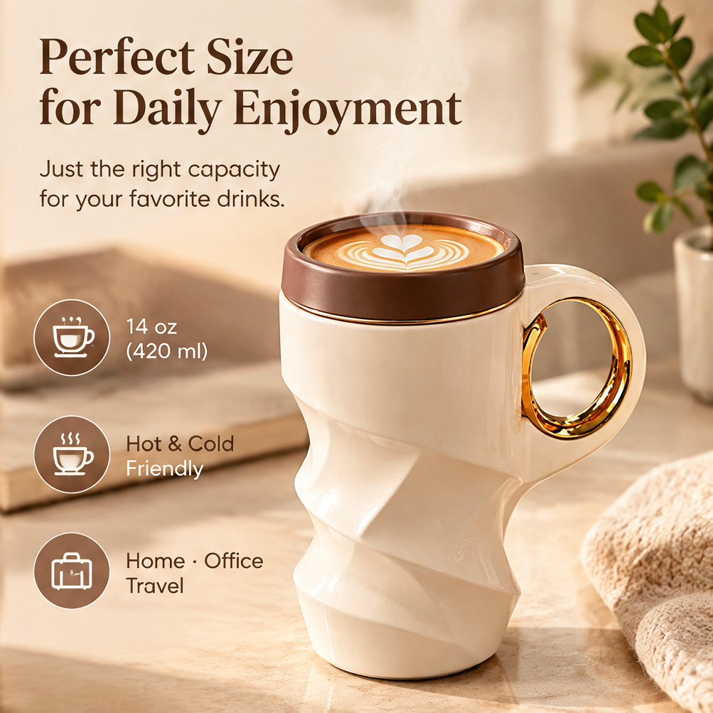 Sculptural Twist Ceramic Coffee Mug with Lid