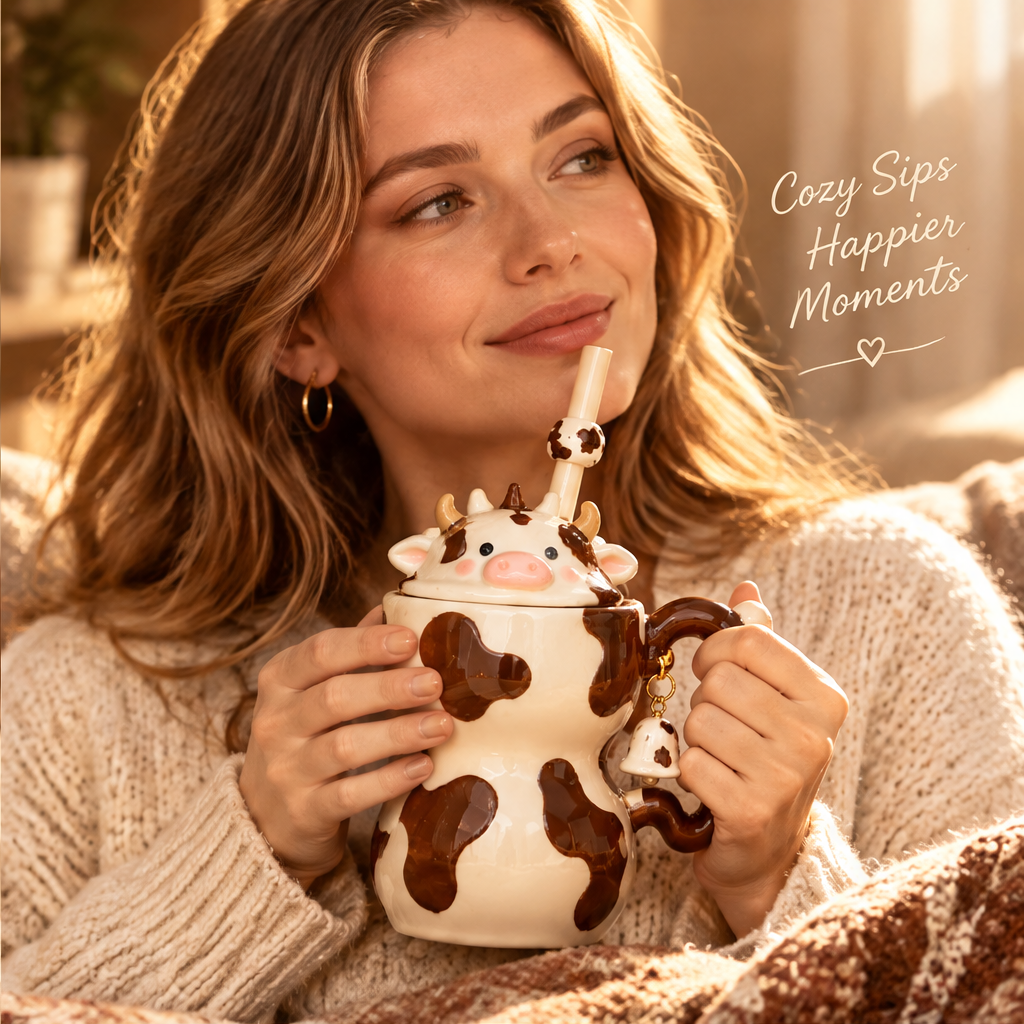 Cute Cow Ceramic Mug with Lid & Straw