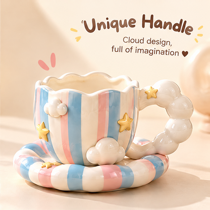 Pastel Cloud & Star Ceramic Coffee Cup with Saucer