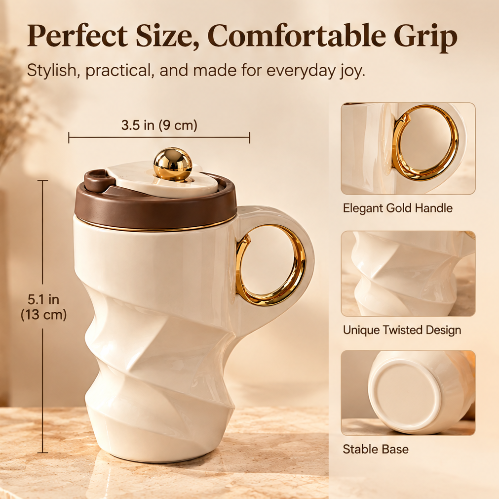 Sculptural Twist Ceramic Coffee Mug with Lid