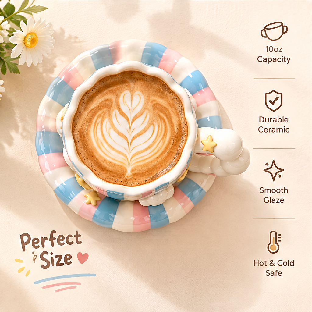 Pastel Cloud & Star Ceramic Coffee Cup with Saucer