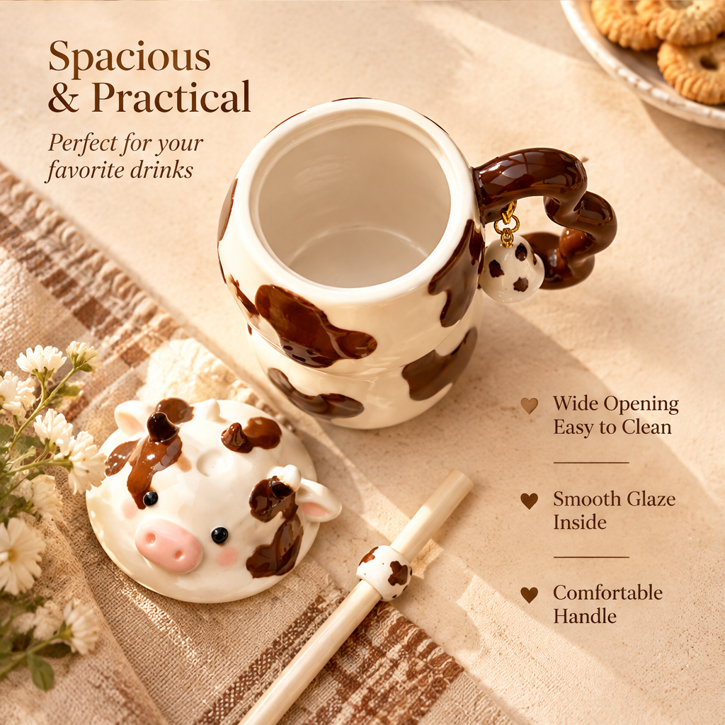 Cute Cow Ceramic Mug with Lid & Straw
