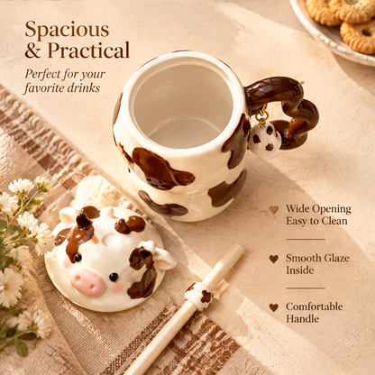 Cute Cow Ceramic Mug with Lid & Straw