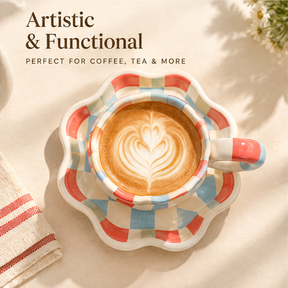 Retro Wavy Checkered Ceramic Coffee Cup & Saucer