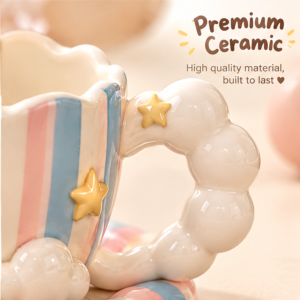 Pastel Cloud & Star Ceramic Coffee Cup with Saucer