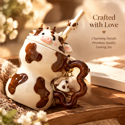 Cute Cow Ceramic Mug with Lid & Straw