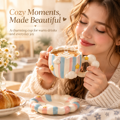 Pastel Cloud & Star Ceramic Coffee Cup with Saucer