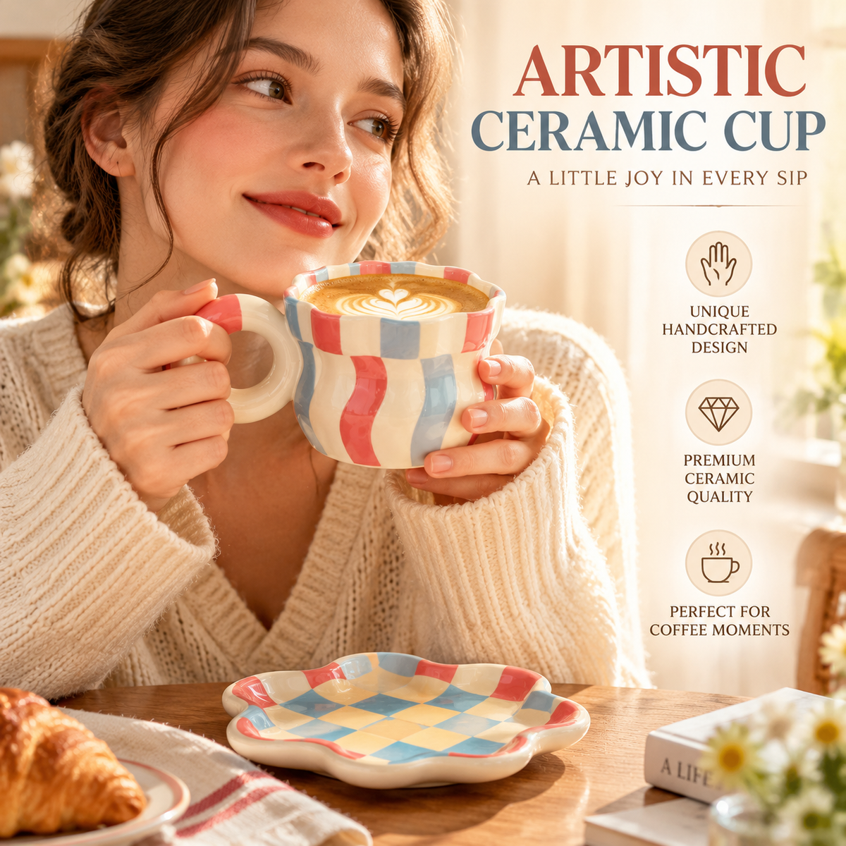 Retro Wavy Checkered Ceramic Coffee Cup & Saucer