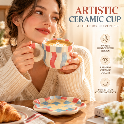 Retro Wavy Checkered Ceramic Coffee Cup & Saucer