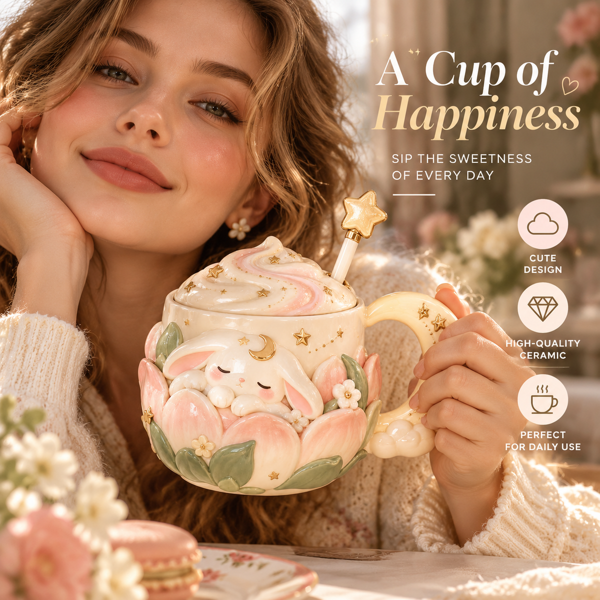 Dreamy Moon Bunny Ceramic Mug with Lid & Star Spoon